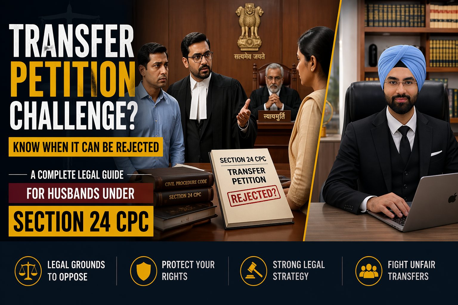 Indian courtroom banner showing lawyer defending husband against wife’s transfer petition under Section 24 CPC with advocate portrait on side