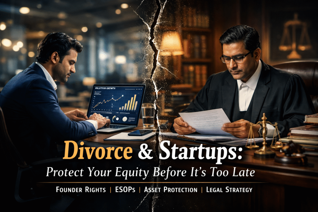 Infographic showing divorce and startup equity issues in India, founder consulting divorce lawyer in Delhi about shareholding, ESOPs, and asset protection