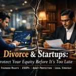 Infographic showing divorce and startup equity issues in India, founder consulting divorce lawyer in Delhi about shareholding, ESOPs, and asset protection