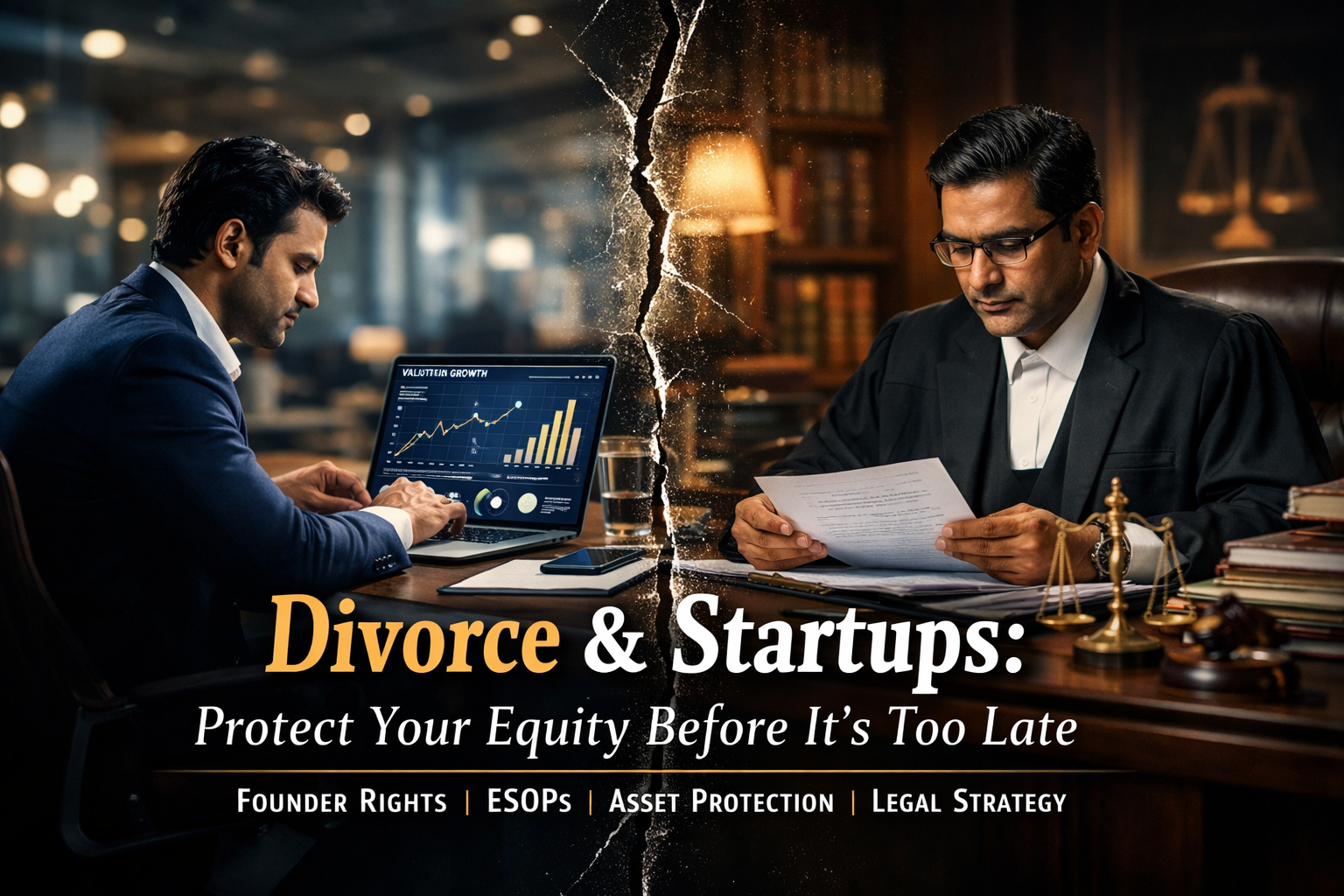 Infographic showing divorce and startup equity issues in India, founder consulting divorce lawyer in Delhi about shareholding, ESOPs, and asset protection