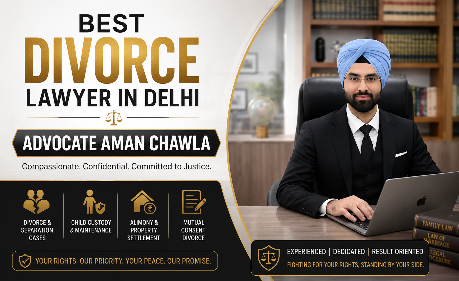 Advocate Aman Chawla sitting in a professional law office promoting divorce and family law legal services in Delhi
