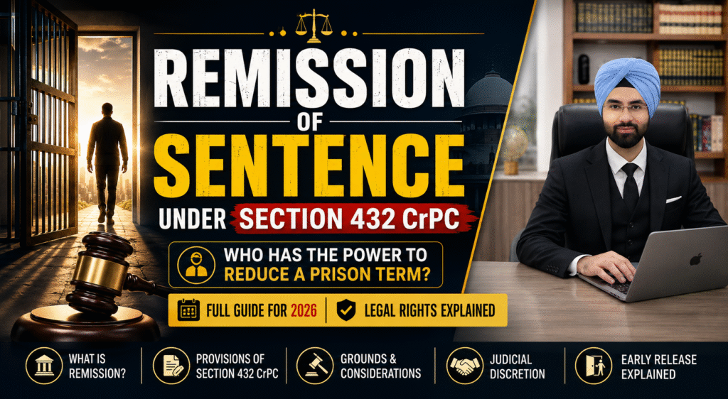 Remission of sentence under Section 432 CrPC explained with courtroom visuals, prison release concept, and Indian lawyer portrait