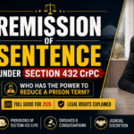 Remission of sentence under Section 432 CrPC explained with courtroom visuals, prison release concept, and Indian lawyer portrait