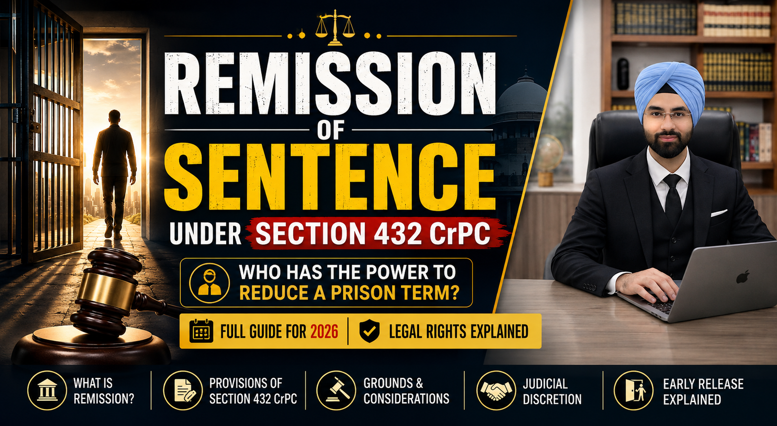 Remission of sentence under Section 432 CrPC explained with courtroom visuals, prison release concept, and Indian lawyer portrait