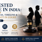 Professional legal banner for “Contested Divorce in India: Grounds, Process, Timeline & What to Expect in Court (2026)” featuring a courtroom gavel, Supreme Court of India background, separated couple silhouettes, family law book, and legal justice statue in navy blue and gold theme.