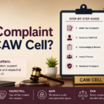 Professional Indian court-themed banner explaining how to file a complaint at the CAW Cell, featuring courtroom visuals, a judge’s bench, legal symbols, and a step-by-step complaint filing guide with supportive legal messaging.