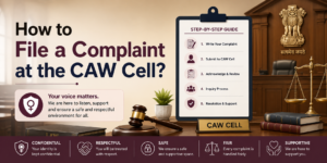 Professional Indian court-themed banner explaining how to file a complaint at the CAW Cell, featuring courtroom visuals, a judge’s bench, legal symbols, and a step-by-step complaint filing guide with supportive legal messaging.