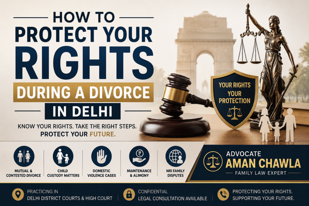 Professional divorce law banner in Delhi featuring legal symbols, family dispute visuals, and guidance on protecting legal rights during divorce, child custody, maintenance, and domestic violence cases by Advocate Aman Chawla.