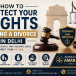 Professional divorce law banner in Delhi featuring legal symbols, family dispute visuals, and guidance on protecting legal rights during divorce, child custody, maintenance, and domestic violence cases by Advocate Aman Chawla.
