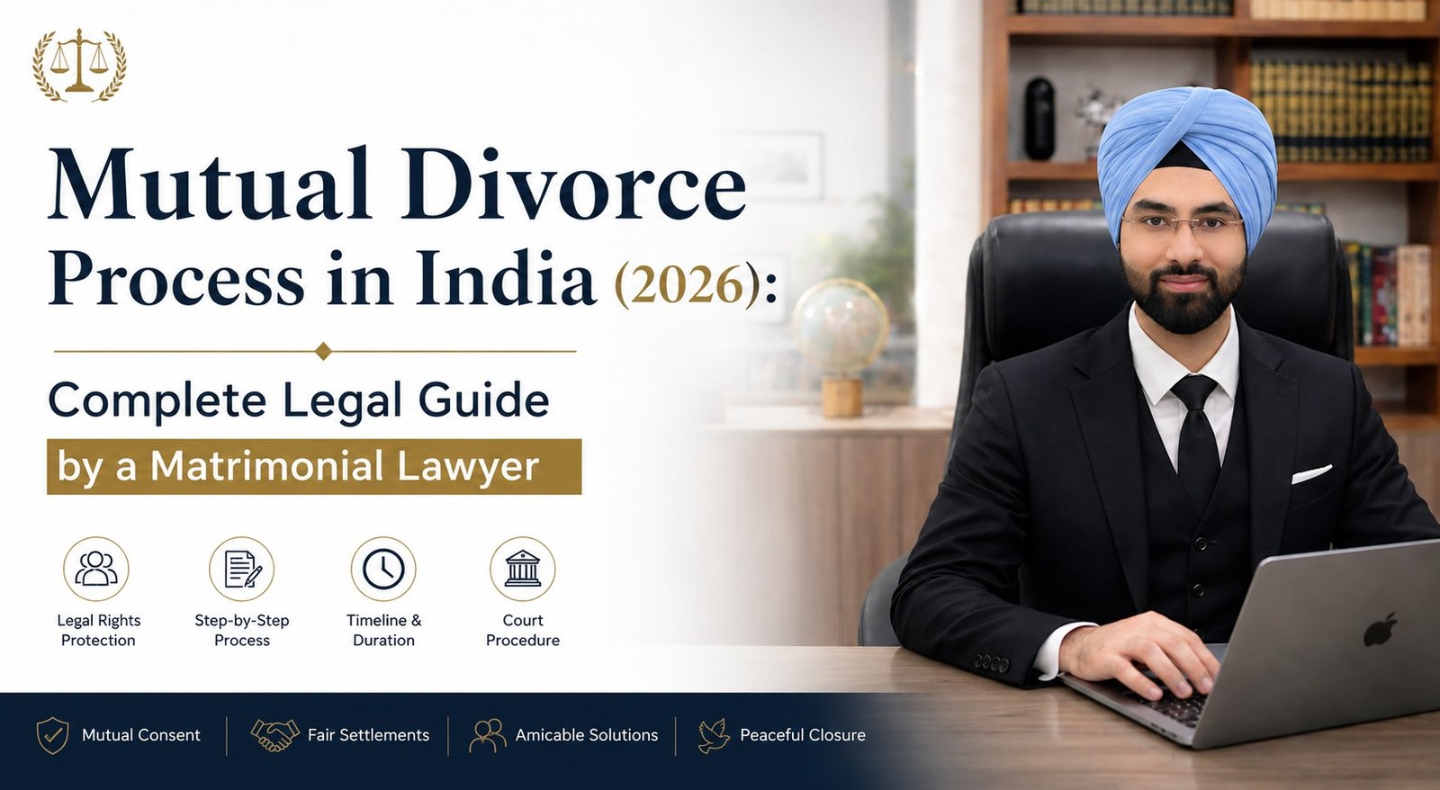 Mutual Divorce Process in India 2026 legal guide banner featuring a matrimonial lawyer explaining divorce procedure, court process, settlement, and mutual consent divorce laws in India.
