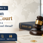 Professional legal banner showing a judge’s gavel, wedding rings, Indian flag, and marriage certificate with the text “NRI Divorce: Can an Indian Court Dissolve a Marriage Solemnized Abroad?” against an international law-themed background.