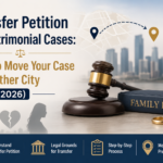 Professional legal banner showing a transfer petition in matrimonial cases, featuring a judge’s gavel, family law book, Lady Justice statue, city transfer icons, and divorce silhouettes with the title “How to Move Your Case to Another City (2026)”.