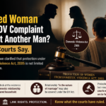 Banner image discussing whether a married woman can file a domestic violence complaint against another man under Indian law, featuring courtroom visuals, silhouettes of a man and woman, a judge’s gavel, and the Supreme Court of India backdrop.