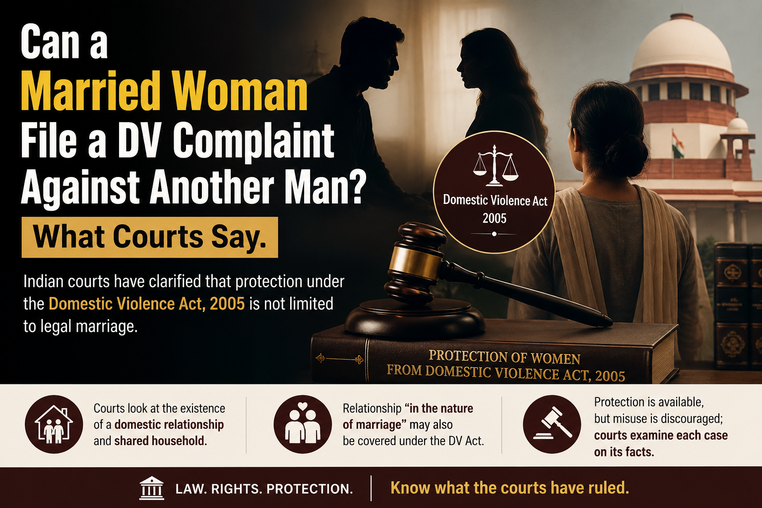 Banner image discussing whether a married woman can file a domestic violence complaint against another man under Indian law, featuring courtroom visuals, silhouettes of a man and woman, a judge’s gavel, and the Supreme Court of India backdrop.