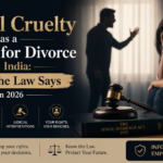 Banner image illustrating mental cruelty as a ground for divorce in India. A distressed spouse sits in the foreground while a blurred argument unfolds in the background. Legal symbols including a judge’s gavel, scales of justice, and the Hindu Marriage Act book emphasize the legal aspects of matrimonial disputes and divorce proceedings in India.