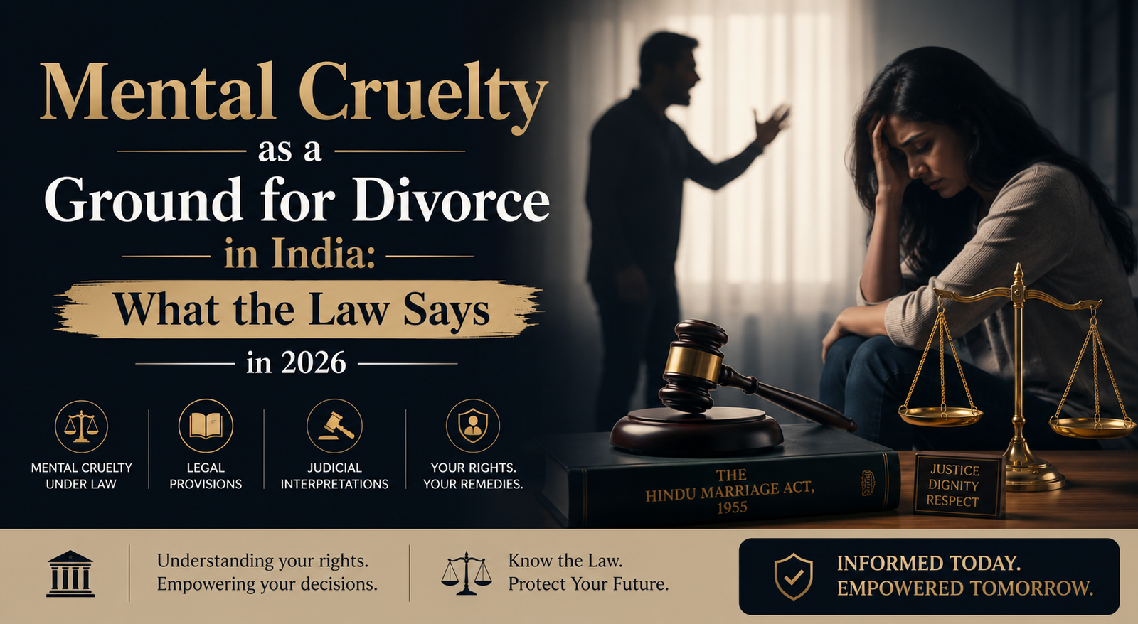 Banner image illustrating mental cruelty as a ground for divorce in India. A distressed spouse sits in the foreground while a blurred argument unfolds in the background. Legal symbols including a judge’s gavel, scales of justice, and the Hindu Marriage Act book emphasize the legal aspects of matrimonial disputes and divorce proceedings in India.