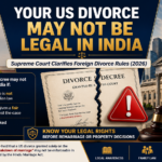 Legal awareness banner showing the Indian Supreme Court on one side and a US courthouse on the other, with a torn divorce decree and warning symbol in the center. The image highlights circumstances where a US divorce may not be enforceable in India, including lack of jurisdiction, unfair proceedings, or grounds not recognized under Indian law.