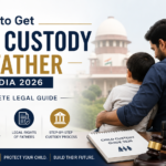 Father sitting with his child while viewing legal documents related to child custody in India. The banner features legal symbols, a courthouse backdrop, and information about fathers' custody rights under Indian law in 2026.