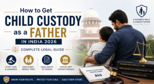 Father sitting with his child while viewing legal documents related to child custody in India. The banner features legal symbols, a courthouse backdrop, and information about fathers' custody rights under Indian law in 2026.