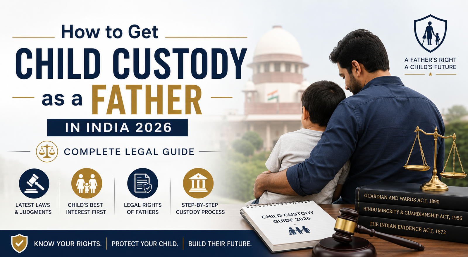 Father sitting with his child while viewing legal documents related to child custody in India. The banner features legal symbols, a courthouse backdrop, and information about fathers' custody rights under Indian law in 2026.