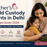 Mother embracing her young child in a legal office setting, symbolizing child custody rights, maternal care, and family court protection in Delhi. The banner highlights a 2026 legal guide on mothers' child custody rights in India