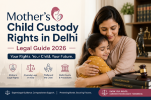 Mother embracing her young child in a legal office setting, symbolizing child custody rights, maternal care, and family court protection in Delhi. The banner highlights a 2026 legal guide on mothers' child custody rights in India