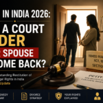 Restitution of Conjugal Rights (RCR) in India 2026 explained with courtroom imagery, a spouse leaving the matrimonial home, Lady Justice statue, gavel, and legal documents highlighting Section 9 of the Hindu Marriage Act.