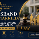 Husband Remarried? Your Legal Options & In-Law Liability – 2026 Supreme Court Guide banner featuring The Matrimonial Lawyers logo, a judge's gavel, legal shield, family silhouettes, scales of justice, and law book in a professional navy blue and gold design.