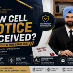 Professional legal banner featuring a family lawyer seated in an office with the headline "CAW Cell Notice Received? What Should Husband Do?" highlighting legal rights, defence strategies, and expert legal consultation for matrimonial disputes.