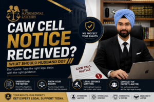 Professional legal banner featuring a family lawyer seated in an office with the headline "CAW Cell Notice Received? What Should Husband Do?" highlighting legal rights, defence strategies, and expert legal consultation for matrimonial disputes.