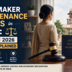 Professional legal banner titled “Homemaker Maintenance Rights in India: Delhi HC 2026 Ruling Explained.” The image features a homemaker standing near a window with a courthouse visible in the background, alongside legal symbols including scales of justice and a judge’s gavel. The design highlights maintenance rights, recognition of unpaid domestic contributions, and gender justice under Indian family law.