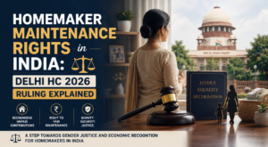 Professional legal banner titled “Homemaker Maintenance Rights in India: Delhi HC 2026 Ruling Explained.” The image features a homemaker standing near a window with a courthouse visible in the background, alongside legal symbols including scales of justice and a judge’s gavel. The design highlights maintenance rights, recognition of unpaid domestic contributions, and gender justice under Indian family law.
