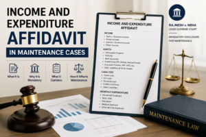 Income and Expenditure Affidavit in maintenance cases with legal documents, financial records, court gavel, balance scale, and Maintenance Law book illustrating mandatory financial disclosure in Indian family court proceedings.
