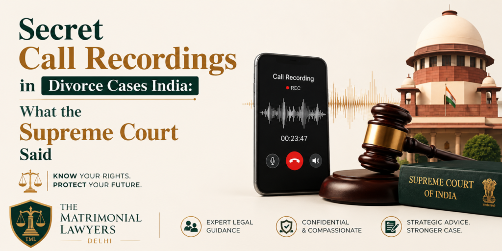 Professional legal banner featuring a smartphone displaying a call recording screen, a judge's gavel, and the Supreme Court of India building. The banner discusses the legal admissibility of secret call recordings in Indian divorce and matrimonial cases, presented by The Matrimonial Lawyers Delhi.