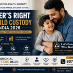 Professional legal banner showing a father affectionately holding his young child, highlighting fathers' rights in child custody matters in India. The design features navy blue and gold legal branding with information about custody, visitation, guardianship, and family law services offered by Matrimonial Lawyers Delhi.