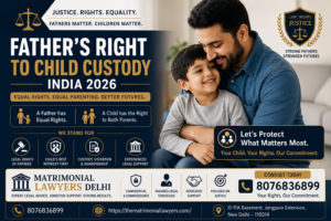 Professional legal banner showing a father affectionately holding his young child, highlighting fathers' rights in child custody matters in India. The design features navy blue and gold legal branding with information about custody, visitation, guardianship, and family law services offered by Matrimonial Lawyers Delhi.