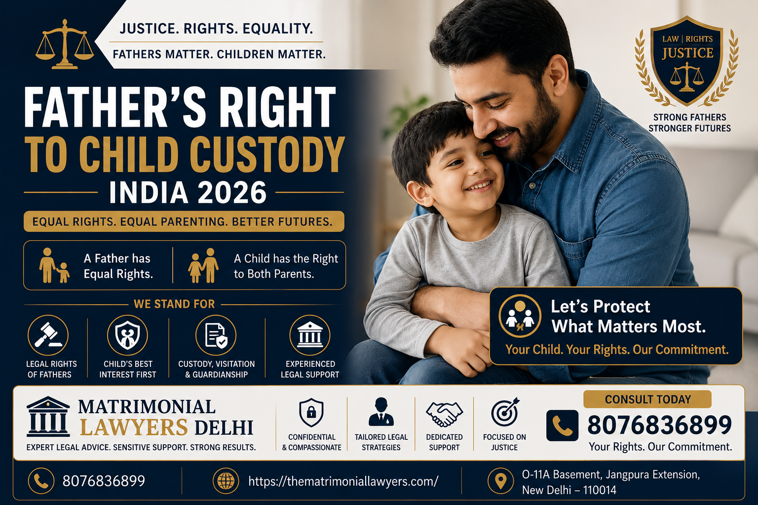 Professional legal banner showing a father affectionately holding his young child, highlighting fathers' rights in child custody matters in India. The design features navy blue and gold legal branding with information about custody, visitation, guardianship, and family law services offered by Matrimonial Lawyers Delhi.