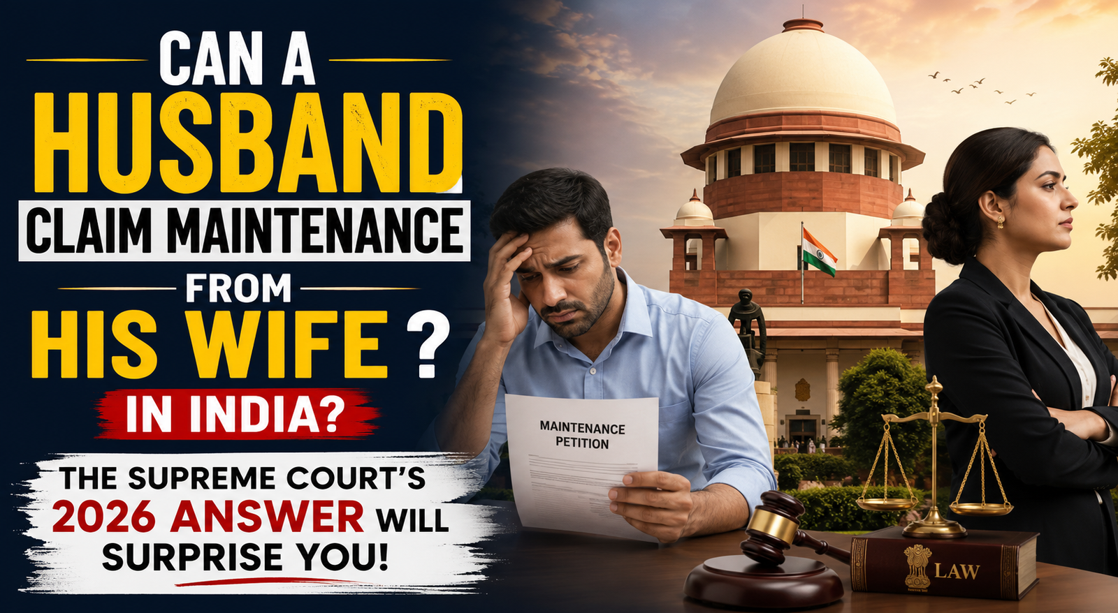 Illustration of a husband holding a maintenance petition outside the Supreme Court of India while a professionally dressed wife stands confidently beside scales of justice, highlighting the legal question of whether a husband can claim maintenance from his wife under Indian law.