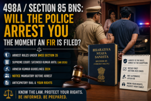 Police officer detaining a man outside a residence while legal graphics highlight Section 85 BNS, BNSS Section 35 arrest rules, anticipatory bail rights, and Supreme Court guidelines regarding arrest after a 498A FIR in India.