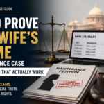 How to prove a wife's income in a maintenance case banner featuring court scales, bank statements, LinkedIn employment evidence, legal documents, and a judge's gavel representing financial disclosure in matrimonial litigation.