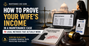 How to prove a wife's income in a maintenance case banner featuring court scales, bank statements, LinkedIn employment evidence, legal documents, and a judge's gavel representing financial disclosure in matrimonial litigation.