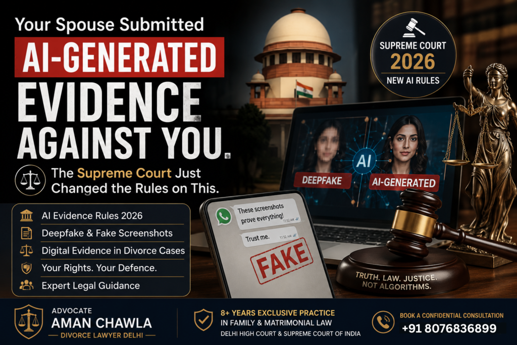 AI-generated evidence in divorce cases explained under the Supreme Court of India 2026 AI rules, including deepfake images, fake WhatsApp screenshots, and digital evidence.