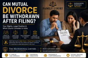 Professional legal infographic explaining whether mutual divorce can be withdrawn after filing under Section 13B of the Hindu Marriage Act, including first motion, second motion, and Delhi High Court legal position.