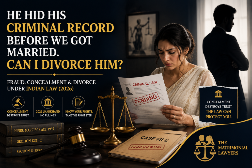 Woman discovering her husband's hidden criminal record before marriage with legal documents, gavel, and scales of justice representing divorce and matrimonial fraud under Indian law.