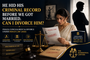 Woman discovering her husband's hidden criminal record before marriage with legal documents, gavel, and scales of justice representing divorce and matrimonial fraud under Indian law.