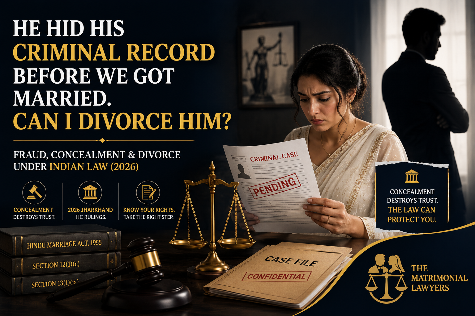 Woman discovering her husband's hidden criminal record before marriage with legal documents, gavel, and scales of justice representing divorce and matrimonial fraud under Indian law.