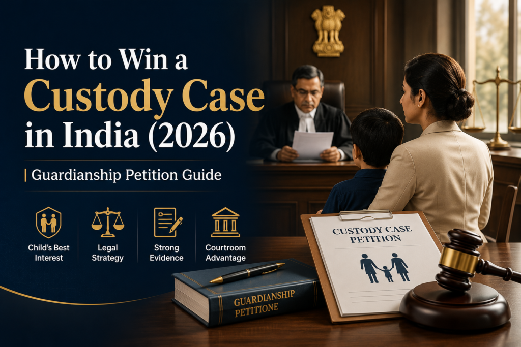 How to Win a Custody Case in India (2026) – Guardianship Petition Guide banner showing an Indian courtroom with a judge, mother, child, custody petition documents, gavel, and scales of justice.