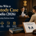 How to Win a Custody Case in India (2026) – Guardianship Petition Guide banner showing an Indian courtroom with a judge, mother, child, custody petition documents, gavel, and scales of justice.