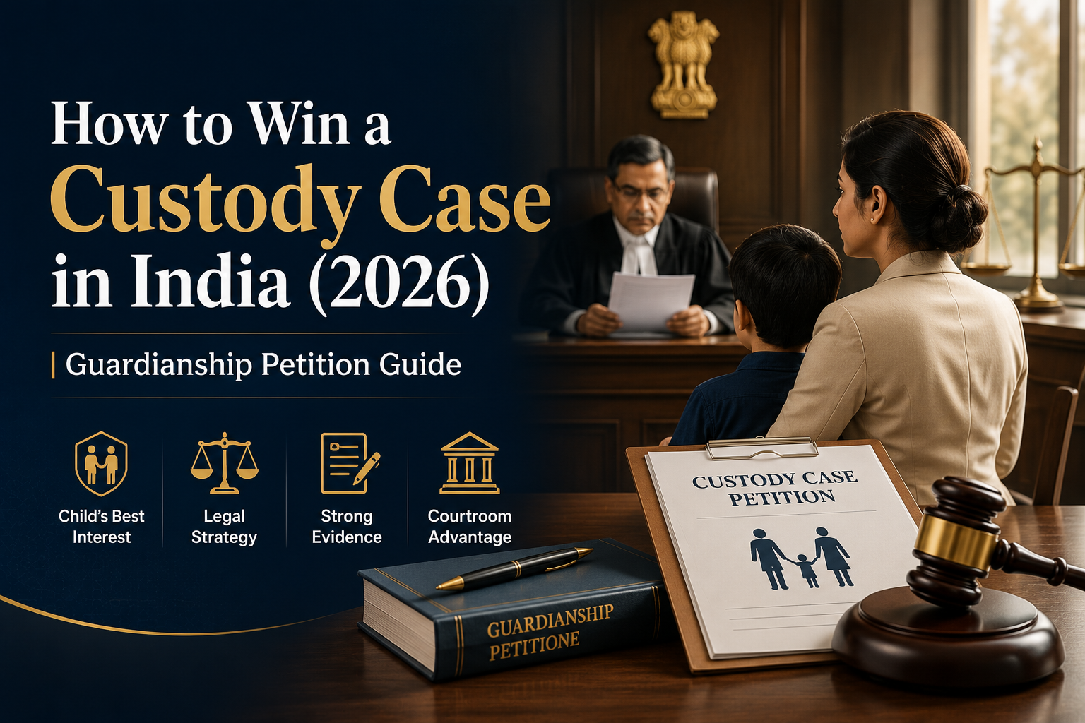 How to Win a Custody Case in India (2026) – Guardianship Petition Guide banner showing an Indian courtroom with a judge, mother, child, custody petition documents, gavel, and scales of justice.