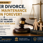 After Divorce, Does Maintenance Go On Forever? Featured image showing a judge's gavel, scales of justice, family figures, and Section 25 of the Hindu Marriage Act, 1955, representing permanent alimony and maintenance laws in India.
